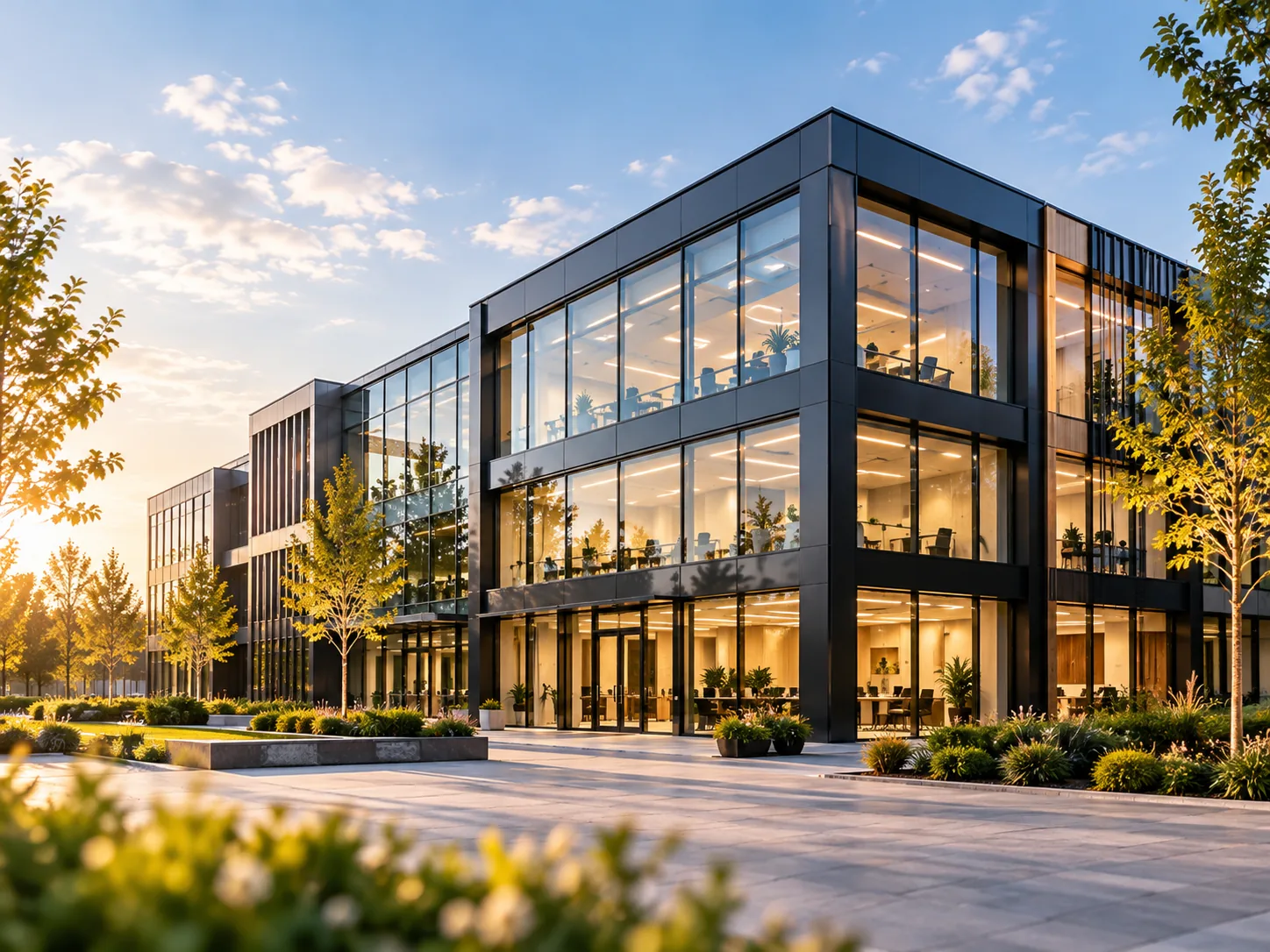 Modern commercial office exterior with glass-fronted facades and landscaped grounds at golden hour.