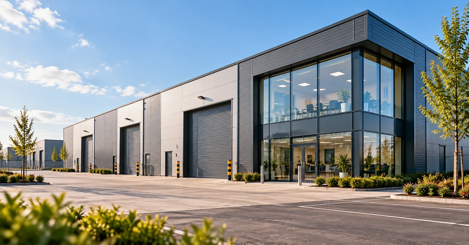 Modern commercial industrial premises with warehouse units and glass-fronted offices