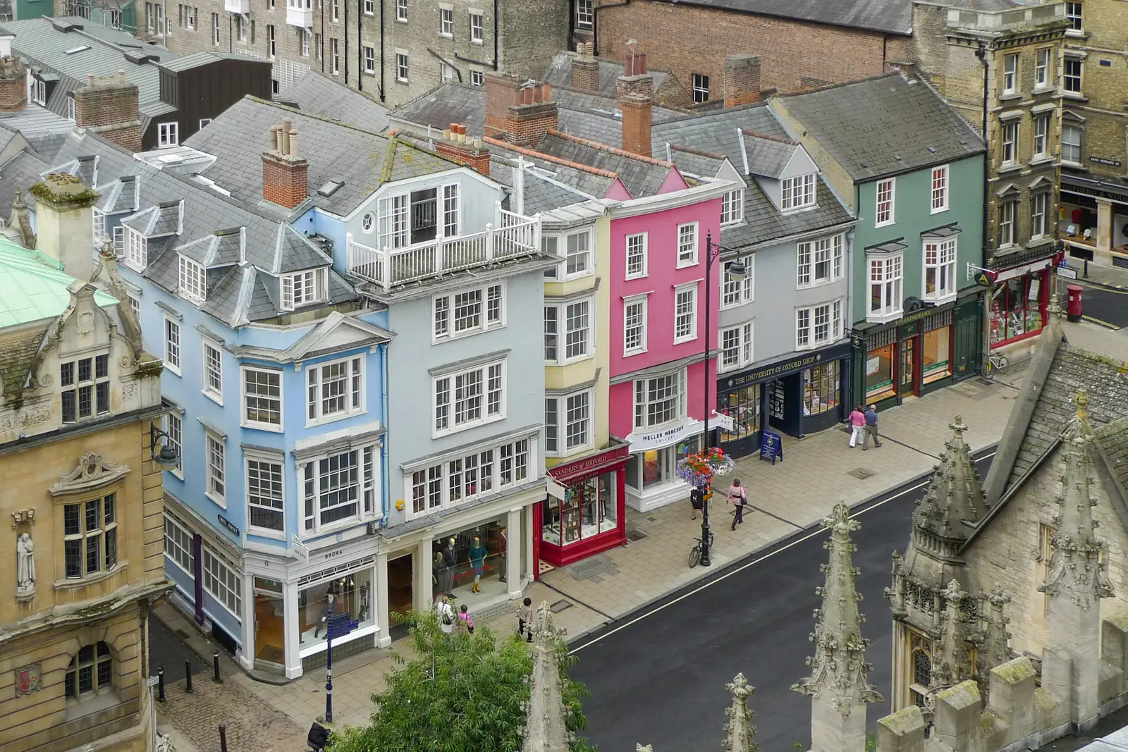 Colourful historic shopfronts and buildings in central Oxford